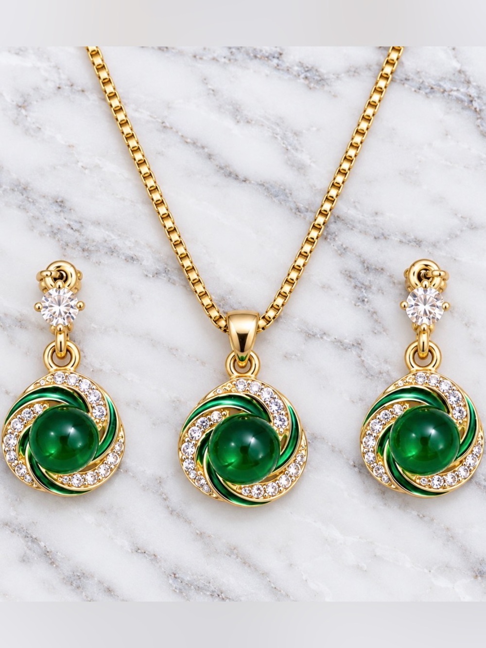 Gold-Tone Green Stone Center Pendant Necklace & Earrings Set